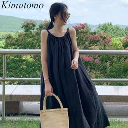 Casual Dresses Kimutomo Simple Loose Solid Folds Design Spaghetti Dress Woman Vintage O-neck Sleeveless Large Swing Long Ins