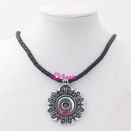 100 new arrival diy snap Jewellery black pu leather necklace with 18mm button flower interchangeable snap pendant necklace collier210z