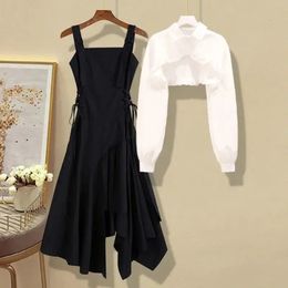 Senior Irregular Fashion Two Pieces Suits Long Sleeve White Shirt Dress Korean Elegant Set Female Casual Y2k Skirt Suit 240115