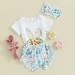 Clothing Sets 3 Piece Baby Girl Summer Easter Outfits Egg Print Short Sleeve And Ruffle Shorts Set With Headband