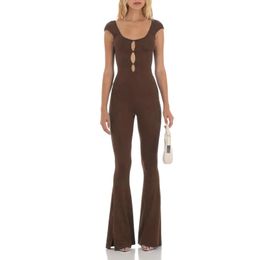 Imcute Women's Full-Length Jumpsuit Solid Colour Cutout Front Cap Sleeve Front Flare Pants Playsuit Clubwear Long Pant Rompers 240115