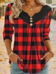 Women's Jackets Women's casual V-neck long sleeved pleated Christmas plaid printed women's top Blouse shirt YQ240115