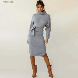 Basic Casual Dresses Keep warm Knitted Bodycon Dress Bottoming Women Soft Elastic Turtleneck Sweater Autumn Winter Midi Party Dresses With Belt YQ240115