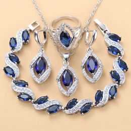 925 Mark Silver Color Wedding Dress Accessories Women Bridal Necklasce And Earrings Jewelry Sets Zircon Blue Bracelet Ring Sets 240115