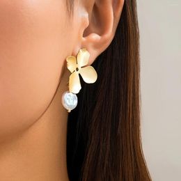 Dangle Earrings Salircon Gothic Geometric Metal Flower Drop Y2K Baroque Imitation Pearl Pendant Women's Charm Party Jewelry