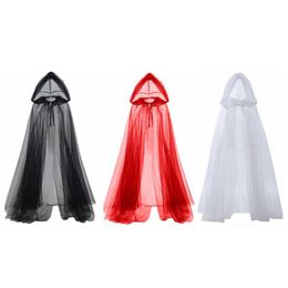 Women Tulle Cloak Medieval Halloween Costumes Cosplay Party Hooded Witch Capes338P