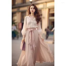 Work Dresses Office Lady Elegant Women's Shirt Set Fashion Pink Chiffon Half Body Skirt Two Piece Clothing Outfit