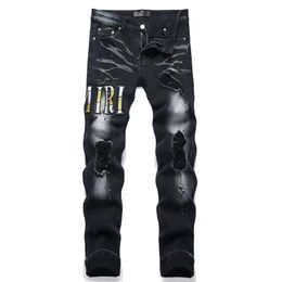 New Street Men's Perforated Jeans Embroidered Cross Fashion Hip Hop Tight Mid Rise Men's Trendy Casual Jeans