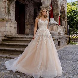 Keltisches Champagner-Böhmisches Hochzeitskleid mit Spitze, durchsichtigem Ausschnitt, A-Linie, Tüllapplikationen, Feen-Boho-Brautkleid 2024, Country Garde Gatsby Robe De Mariee Vestio Novia