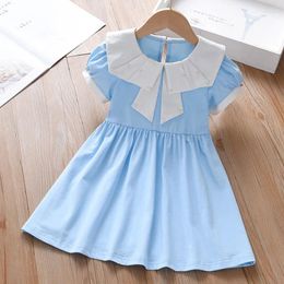 Girl Dresses Fashion Kid Baby Girls' Summer Dress Turn Down Collar Pearl Bow Cotton Vestidos 2024 Trend Children's Clothing