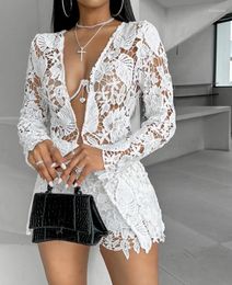 Women's Tracksuits Sexy Lace Shorts Set For Women Summer 2024 Fashion Hollow Out Long Sleeve Pen Front Top And Casual High Waist Short