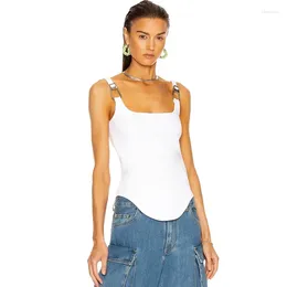 Women's Tanks Summer Irregular Hem Thread Knit Vest Slim Fit Waist Design Metal Chain Buckle Solid Colordouble-shoulder Sling Top
