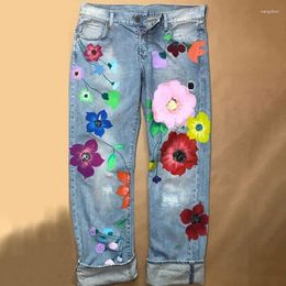 Women's Jeans Pants Loose Elastic Straight Fashion Printed Denim Trousers.