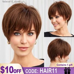 Synthetic Wigs Short Pixie Cut Human Hair Wig Brown Bob HD Lace Frontal Remy Human Hair Wigs with Bangs Natural Straight Layered Wig for Women Q240115