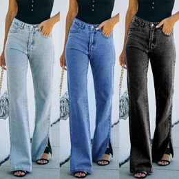 Denim Pants Casual Jeans Womens Straight Leg Loose Trousers Trendy Stretch Mid Waisted Ladies Clothing Spring Summer Clothes S M L XL Blue Black