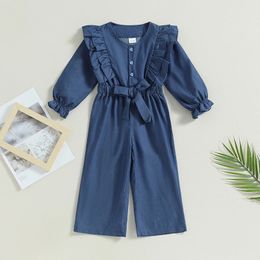 BeQeuewll Toddler Girl Autumn Denim Jumpsuit Solid Color Style Leisure V-Neck Button Embellishment Romper Outfits 240115