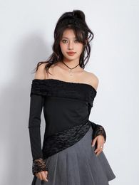 Women's T Shirts Women S Sexy Lace Cropped Tops Y2K Long Sleeve Slim Fitted Off Shoulder Blouse Cut Out Tee Streetwear