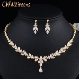 Necklaces Cwwzircons Top African Cubic Zirconia Leaf Drop Women Party Wedding Necklace Bridal Jewelry Set Dubai Gold Color Jewellery T442