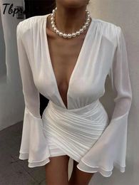 White Mesh V Neck Pleated Short Dress Flare Sleeve Slim High Waist Mini Vestidos Summer Holiday Night Club Womens Dresses 240115