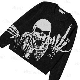 2023 Winter Cotton Pullover Men's Extra Large Sweater Black Loose Skeleton Printed Vintage Knitted Sweater