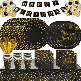 Disposable Dinnerware Black Gold Birthday Disposable Tableware Set Paper Plates Cups Napkins Tablecloth Adult Happy Birthday Party Decoration Weddingvaiduryd