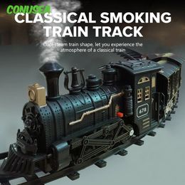 Children Electric Train Toy Classical Smoking Set Rail Track Retro Steam Train Military Car Truck Model Toy Boy Toys Kids Boy 240115