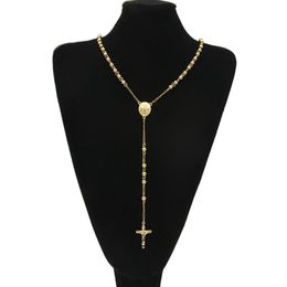 Gold Stainless Steel Bead Chain Jesus Christ Cross Pendant Rosary Long Necklace Mens Womens Hip hop Jewelry2627