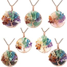 7 Chakra Healing Crystal Natural Round Gemstone Pendant Necklace Tree of Life Copper Wire Wrapped Reiki Jewellery for Women248W