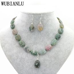 WUBIANLU Women's Pendant Necklace Earrings Jewelry Set Natural Stone 13X18mm Red Rubies Agates Jades Opal Oval Bead T218 240115