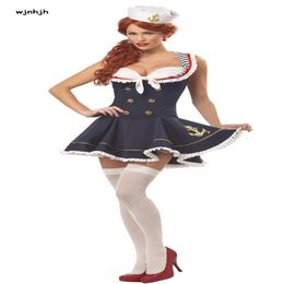 WHWH Women Halloween Sexy Nautical Navy Sailor Pin Up Stripe Cosplay Costume Mini Dress Fancy Dress With Hat Size M XL327r