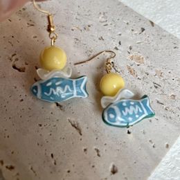 Dangle Earrings Ear Vintage Hand-painted Small Fish Cute Blue White Design Sweet Fun Contrast Colored Clip
