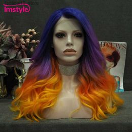 Synthetic Wigs Imstyle Ombre Purple Orange Wig Synthetic Lace Front Wig Natural Wavy Colourful Wigs For Women Party Cosplay Wig Heat Resistant Q240115