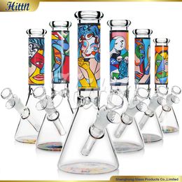 10 Inches Tall Bong Decals Beaker Water Pipe Face Eyes Mouth Pattern with 14mm Bowl and Downstem 5mm Thickness Dab Rig for Smoking