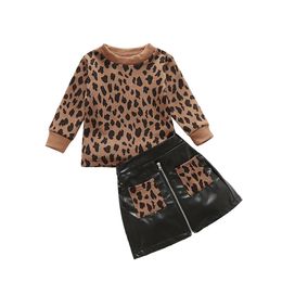 Ma Baby 1-5Y Autumn Winter Toddler Kid Girls Clothes Set Leopard Long Sleeve Pullover Top Pu Leather Skirts Children Outfits 240115