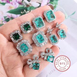 Stud Earrings Beautiful 925 Sterling Silver For Women's Shiny Green Zircon Stylish Geometric Jewelry Party