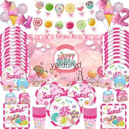 Disposable Dinnerware Sweet Lolli Theme Tableware Sets Disposable Candy Plates Cups Tablecloth Girls Birthday Party Decorations Kids Baby Showervaiduryd