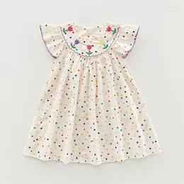 Girl Dresses Korean Colourful Polka Dots Tulip Embroidery Girls Dress 2024 Summer Baby Ruffled Sleeve Sweet Princess