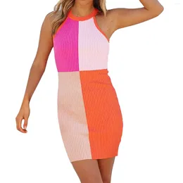 Casual Dresses In Women's Summer Plus Size Halter Neck Color Block Sleeveless Hip Round Stretch Dress Vestidos Para Mujer