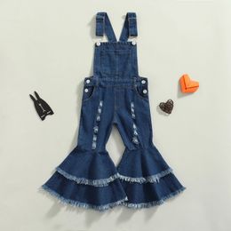 2-7Y Fashion Toddler Baby Girls Clothes Solid Colour Sleeveless Denim Overalls Jumpsuit Summer Suspender Flare Pants Outfit 240115