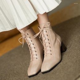 Boots 2024 Winter Genuine Leather Women Fashin ZIP Ankle Square Toe Thick Heel Cross-tied Shoes ROMAN HEELS