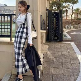 Skirts Skirts Korea Chic Plaid Suspender Skirt Women Summer Elegant High Waist Slim Bodycon Strap Long 2022