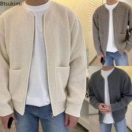 Autumn Winter Mens Coat Long Sleeves Solid Zipper Closure Pockets Thick Keep Warm Cardigan Loose Zip Up Sweater Male 240115