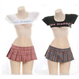Sexy Schoolgirl Uniforms Naughty Lingerie Plaid Pleats Half Breast Yes Daddy Letter Print Tops Erotic Cosplay Mini Skirt for Sex275N
