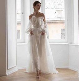 Elegant Bride Wedding Dress 2024 Strapless Pleats Ruffles Puffy Sleeves Organza A-line Bridal Gowns Boho Vestidos Noiva Robe De Mariee