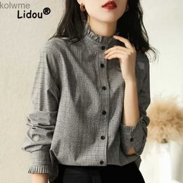 Women's Jackets Vintage Hong Kong Style Stand Collar Plaid Single-breasted Blouse Women New Long Sleeve Fashion Office All-match Lady Shirt 2023 YQ240115