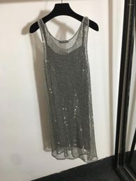 Casual Dresses Silver Sequin Hollow Out Women Sleeveless 2024 Fashion Designer Summer Knee-length Club Party Dress Outfits