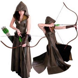 Mediaeval Cosplay Fashion Women Anime Viking Renaissance Hooded Archer Come Leather Long Dress Sleeveless Masquerade 2022 New T2208222k