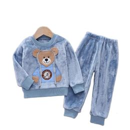 Autumn Winter Baby Clothes Pyjamas Sets Girls Pyjamas Children Warm Flannel Fleece Catoon Bear Kids Sleepwear Home Suit 240115