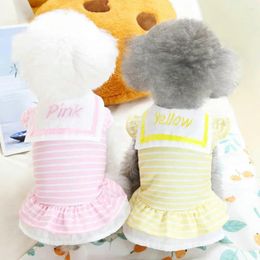 Dog Apparel Spring Summer Costume For Chihuahua Puppy Dress Layered Pleated Hem Striped Print Doll Collar Embroidered Letters Sweet Cont