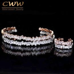 Bracelets Cwwzircons Fashion Rose Gold Colour Baguette Cubic Zirconia Cuff Bracelet Bangle and Ring Sets Best Friend Jewellery Gift T170